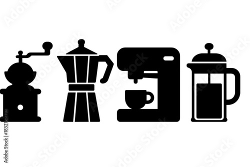 Coffee brewing equipment icons set grinder moka pot drip machine French press