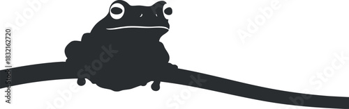 A playful frog sitting on a branch in black and white minimalist vector style, suitable for nature-themed designs