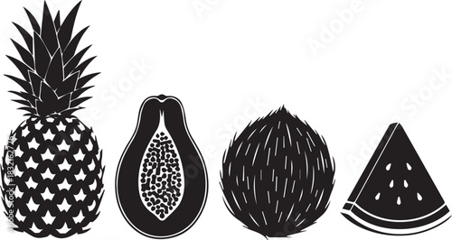 Black and white illustration of tropical fruits pineapple papaya coconut and watermelon slice