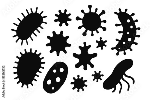 Diverse set of abstract black silhouettes representing bacteria, viruses, and microbes