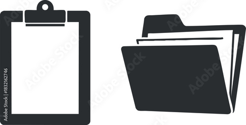 A set of clipboard and folder icons in black and white minimalist vector style, ideal for office and organizational designs