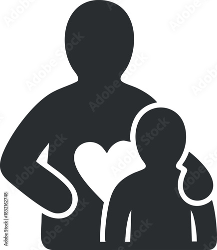 A parent holding a child with a heart symbol in black minimalist vector style, ideal for family-oriented designs