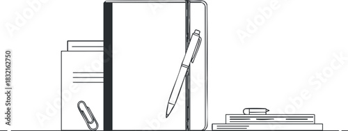 A collection of a notebook, pen, and papers in black and white minimalist vector style, ideal for educational and office designs