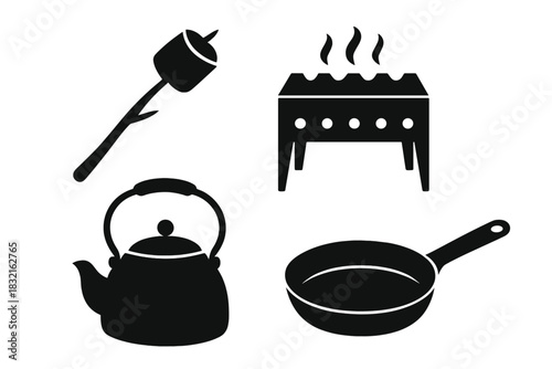 Outdoor cooking and camping gear set featuring a barbecue grill, kettle, frying pan, and marshmallow