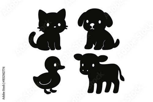 Cute black silhouette icons of domestic baby animals including kitten, puppy, duckling, and calf