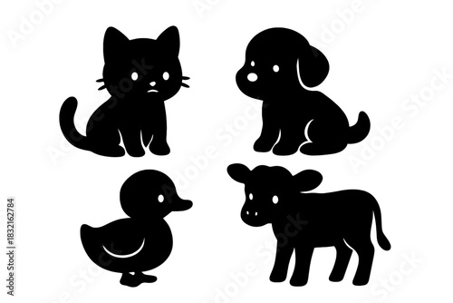 Black silhouette of cute baby farm and domestic animals: kitten, puppy, duckling, and calf
