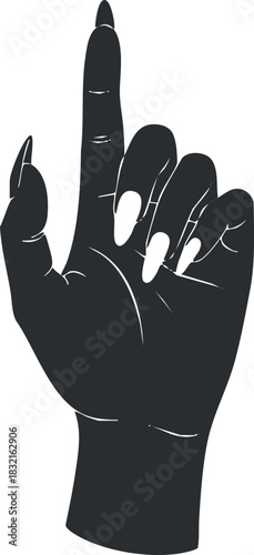 A pointing hand silhouette with an extended index finger in black and white minimalist vector style, ideal for communication designs
