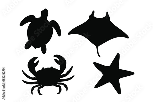 Black silhouettes of marine animals set: sea turtle, manta ray, crab, and starfish