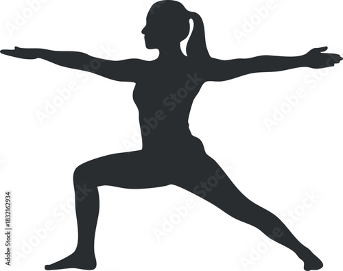 A yoga silhouette of a person in a warrior pose in minimalist black vector style, perfect for fitness and wellness branding
