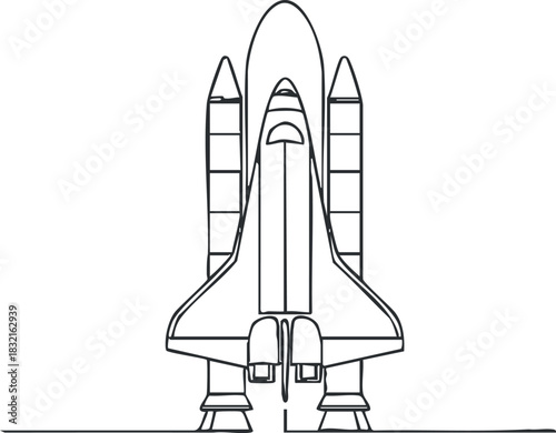 A line art illustration of a space shuttle rocket in minimalist vector style, suitable for technology and exploration themes