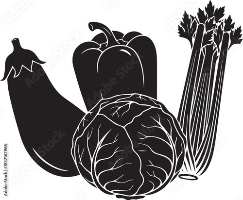 Collection of fresh vegetables including eggplant bell pepper cabbage and celery