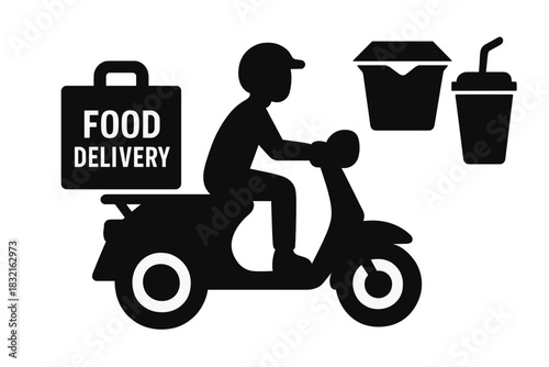 Silhouette of a delivery person riding a scooter carrying food delivery and takeout containers