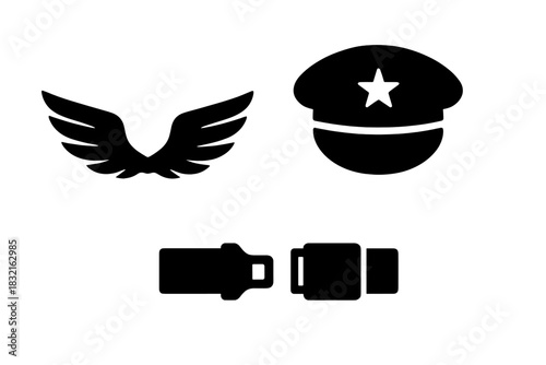 Black silhouette of pilot cap, safety seat belt buckle, and stylized wings symbol set