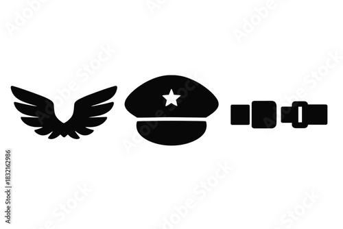 Stylized monochrome icons featuring wings, peaked cap with star, and safety belt buckle