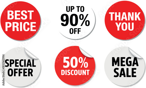 Set of red and white promotional sale discount stickers labels