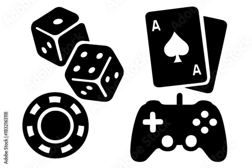 Essential icons set for casino, gambling, and video games with cards, dice, and controller