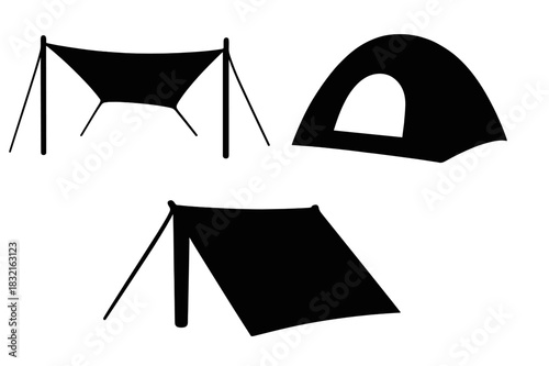 Three outdoor camping shelters including dome tent and various tarp setups