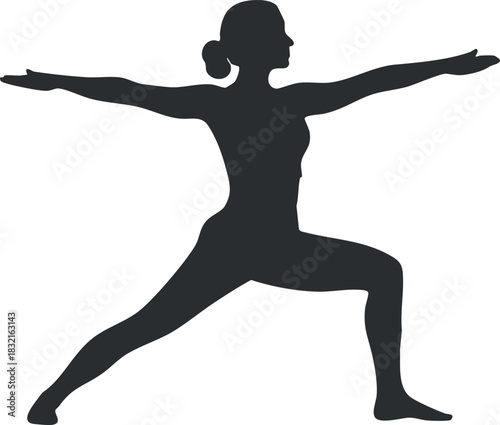 A silhouette of a woman performing a warrior yoga pose in a minimalist vector style, ideal for fitness and wellness projects
