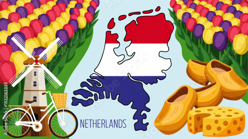 Colorful Netherlands travel illustration with tulip fields, Dutch flag map, windmill, bicycle, wooden clogs and cheese icons