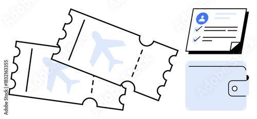 Two airplane tickets, personal identification document with profile details, and a compact wallet. Ideal for travel, aviation, planning, organization, identification, ticketing and minimalism