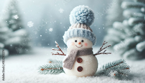 Smiling snowman with a pom-pom and scarf in a snowy forest where it's snowing lightly. AI-generated image in pale tones.