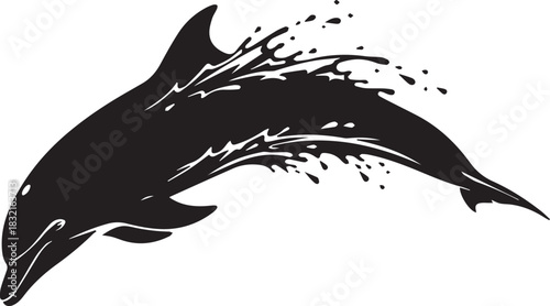 Dynamic black silhouette of a dolphin leaping with water splashes