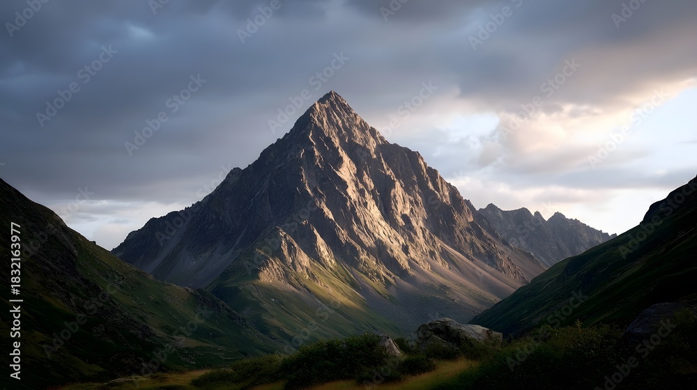 Fototapeta premium Majestic mountain peak illuminated by golden hour light set against dramatic clouds and lush valleys