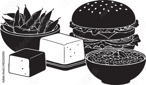 Black and white illustration of a burger with fries and sides