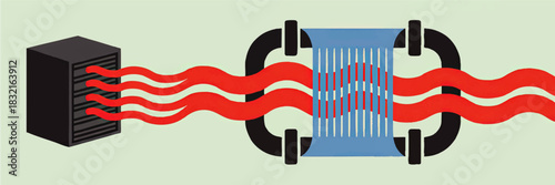 Data flow illustration of server information compressed through digital filter, abstract network bandwidth optimization concept on pastel background