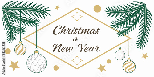 Illustration of elegant horizontal banner design with green fir tree branch decoration, hanging ornament, star, and text for christmas and new year celebration