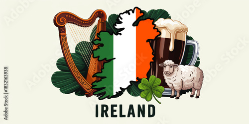 Ireland travel illustration with map flag, harp, shamrock, sheep and stout beer, Irish culture landmarks vector for St Patrick design