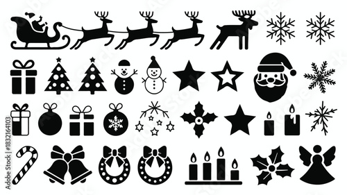 Black and white Christmas-themed vector icons set. The top row features a sleigh with Santa Claus, reindeer pulling the sleigh, a moose silhouette, and snowflakes.