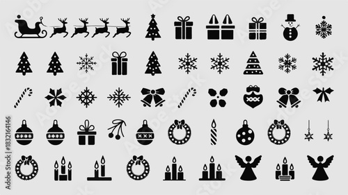 Black and white Christmas-themed vector icons set. The top row features a sleigh with Santa Claus, reindeer pulling the sleigh, a moose silhouette, and snowflakes.