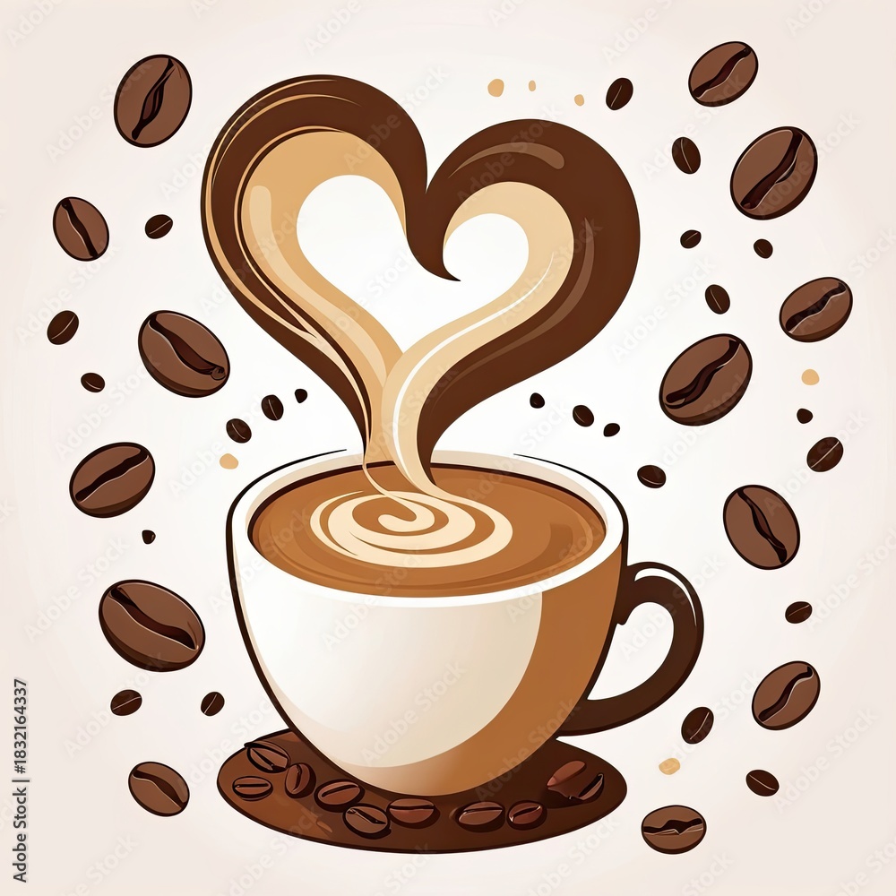 Obraz premium Steaming coffee cup with heart-shaped steam and scattered beans