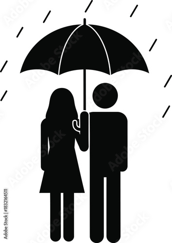 Minimalist black silhouette icon depicting a man and a woman sharing an umbrella in the rain, symbolizing care, shelter, and companionship during inclement weather