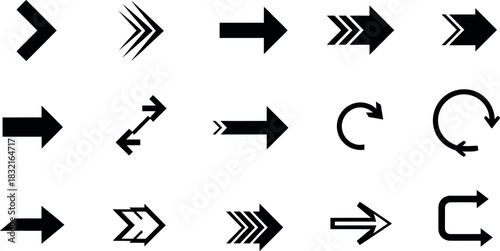 Collection of black arrow vector icons pointing right on white background