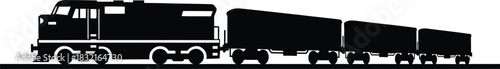 Black silhouette of a freight train locomotive pulling cargo wagons. Minimalist flat vector illustration with solid fill on a white background, ideal for transportation logistics