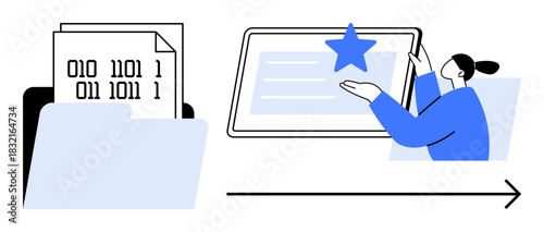 Folder with binary code files and person adding a star rating on a large tablet. Ideal for cloud storage, data processing, quality assurance, content rating, digital tools, organization
