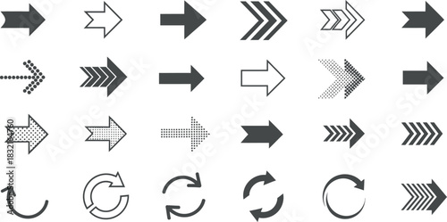 Collection of various arrow designs pointing right on white background