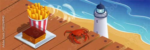 Summer seaside boardwalk with French fries dessert crab and lighthouse, colorful cartoon beach food illustration, wide banner background