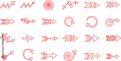 Collection of red arrow icons with unique designs and directional indicators