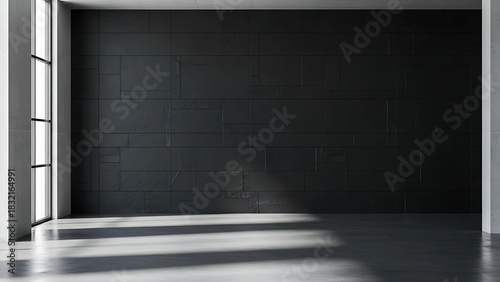 Modern empty room with black textured wall and large windows