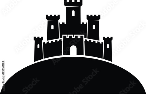 Minimalist black silhouette of a medieval castle on a hill, vector art with solid fill, high contrast on white, symbolizing historical power and architecture