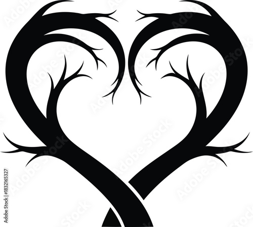 Minimalist black silhouette illustration of two intertwined tree branches forming a heart shape, symbolizing love, nature, and unity. A simple graphic design on a clean white background