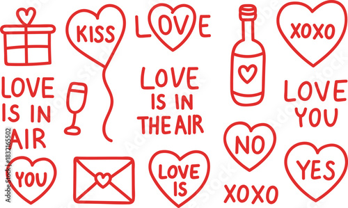 Hand-drawn Valentine’s Day doodle set in red line style, featuring hearts, gifts, wine, love phrases and romantic symbols on a transparent  background