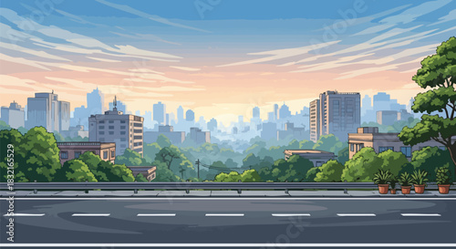 Digital illustration of a city skyline at sunset with a highway in the foreground and lush greenery, against a vibrant blue and orange sky.