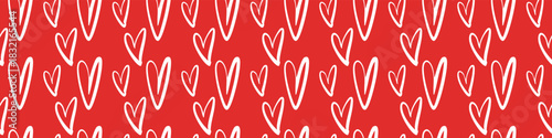 Seamless pattern with white hand-drawn hearts on a red background. Cute romantic repeating design perfect for Valentine’s Day, packaging, cards, and textile prints