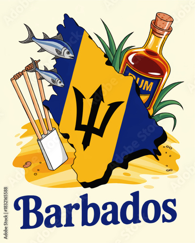Barbados travel illustration with flag map, rum bottle, flying fish and beach symbols, colorful Caribbean tourism poster design