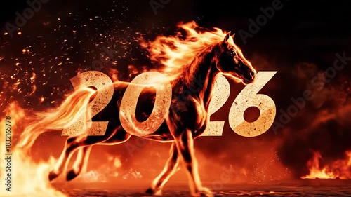 Majestic horse gallops through fiery landscape, flames illuminating the scene, dynamic movement captured in a powerful sequence, camera follows action