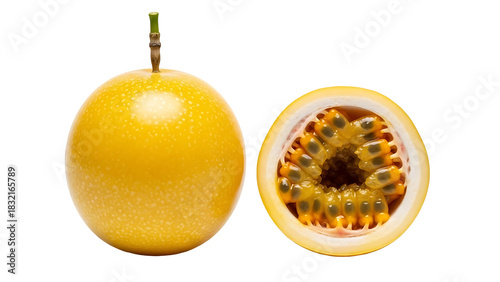 Whole and halved yellow passion fruit isolated
